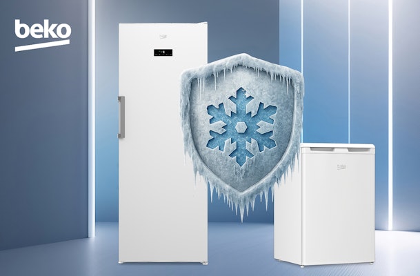 Beko vriezers met NoFrost-techniek en betrouwbare vriesprestaties weergegeven met ijslogo.