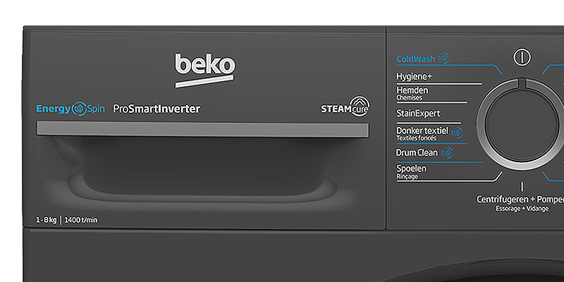 Bedieningspaneel van een Beko wasmachine met programmaknop en instellingen