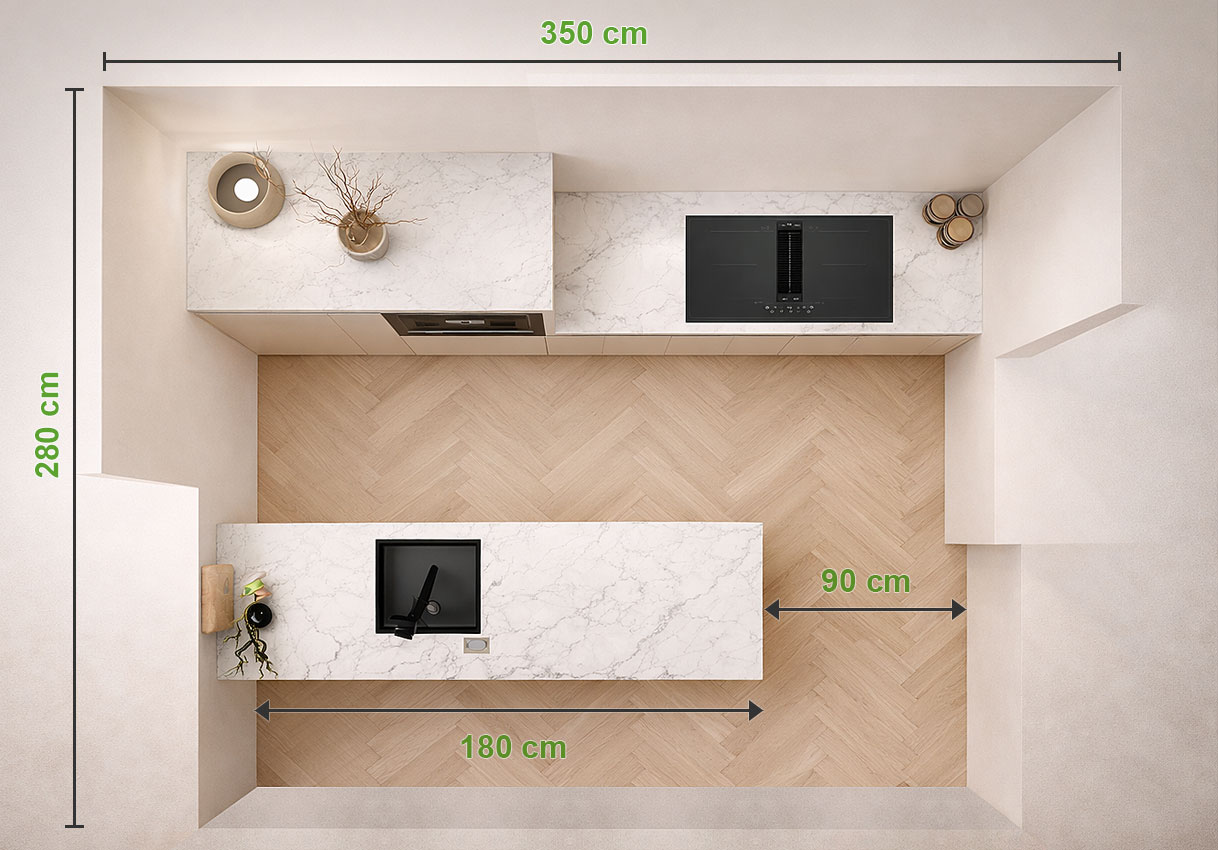 Bovenaanzicht van een schiereiland met afmetingen van 180 bij 90 centimeter en minimale loopruimte van 90 centimeter rondom