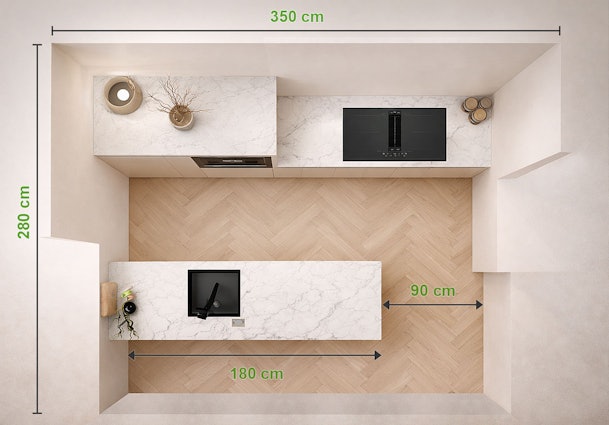 Bovenaanzicht van een schiereiland met afmetingen van 180 bij 90 centimeter en minimale loopruimte van 90 centimeter rondom
