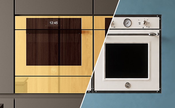 Vergelijking Bertazzoni Modern serie met touchdisplay en Heritage serie met klassieke draaiknoppen naast elkaar
