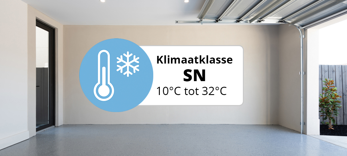 Illustratie van klimaatklasse SN met thermometer en sneeuwvlok, geschikt voor omgevingstemperaturen van 10 tot 32 graden Celsius, toegepast op een garage