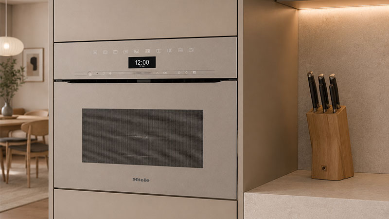Miele BMX combimagnetron zonder handgreep, greeploos ingebouwd in een moderne keuken