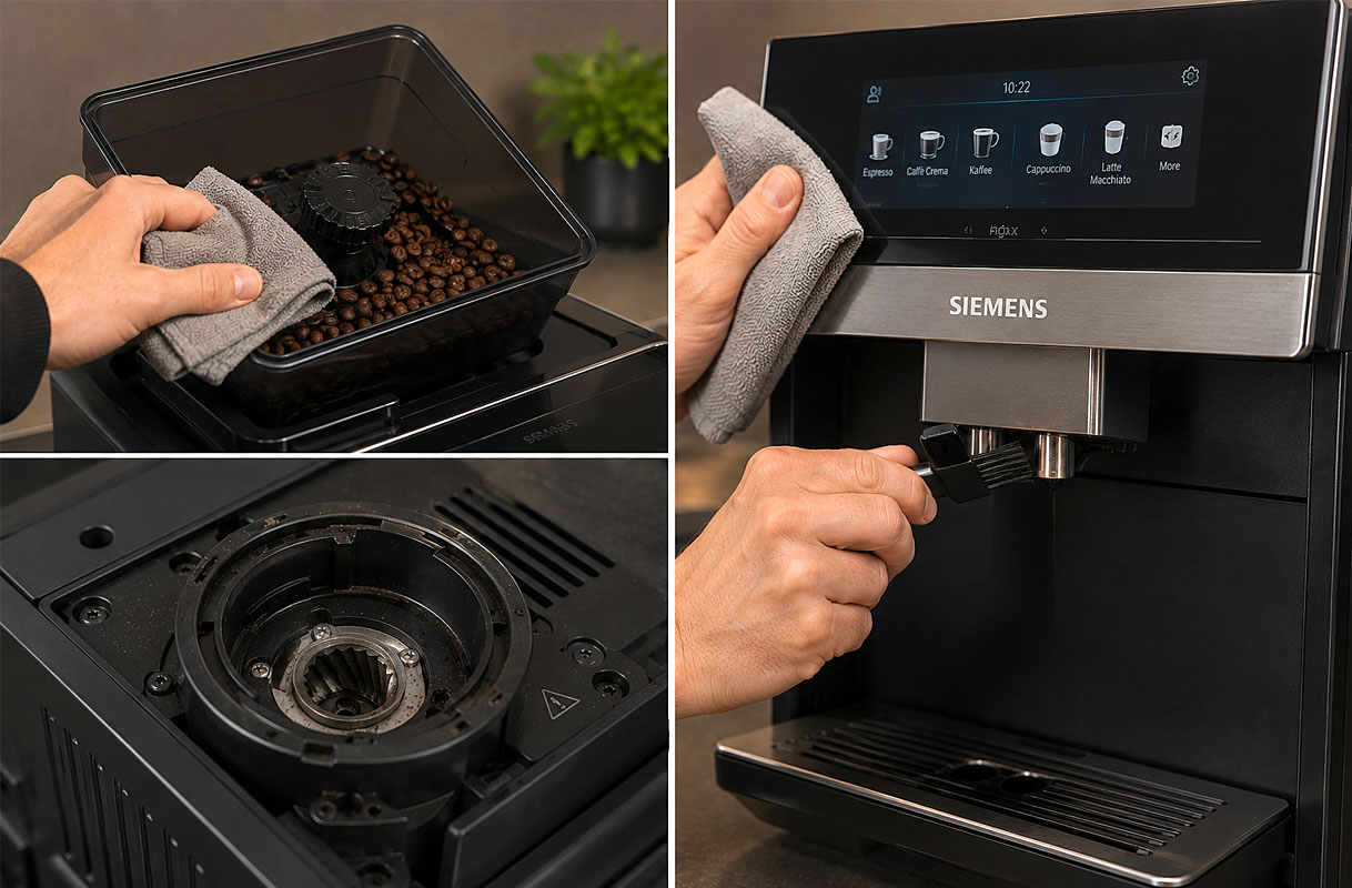 Bonenreservoir, display en koffie-uitloop van een Siemens koffiemachine schoonmaken met een droge doek en borsteltje.