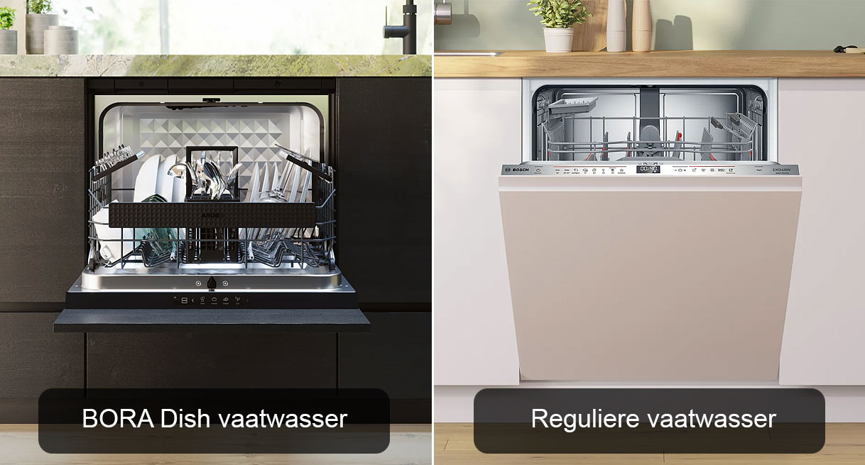 Vergelijking tussen de BORA Dish vaatwasser met zeven couverts en een reguliere inbouwvaatwasser met ruimte voor dertien tot veertien couverts.