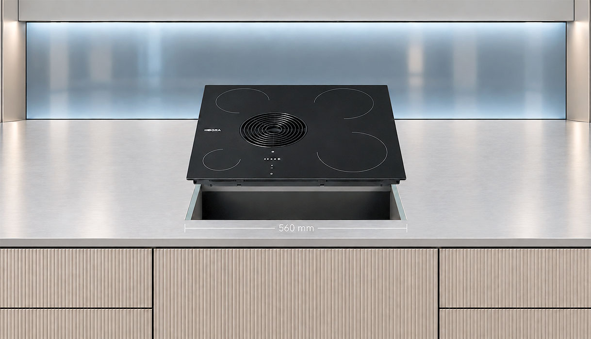 BORA Easy kookplaat met afzuiging boven een uitsparing van 560 mm in het werkblad