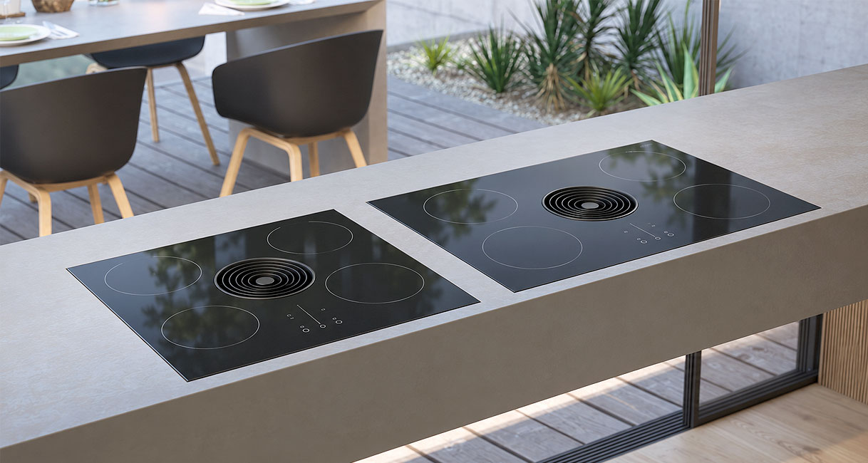 BORA Easy twee inductiekookplaten met afzuiging in 60 en 80 cm naast elkaar op werkblad