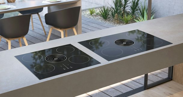 BORA Easy twee inductiekookplaten met afzuiging in 60 en 80 cm naast elkaar op werkblad