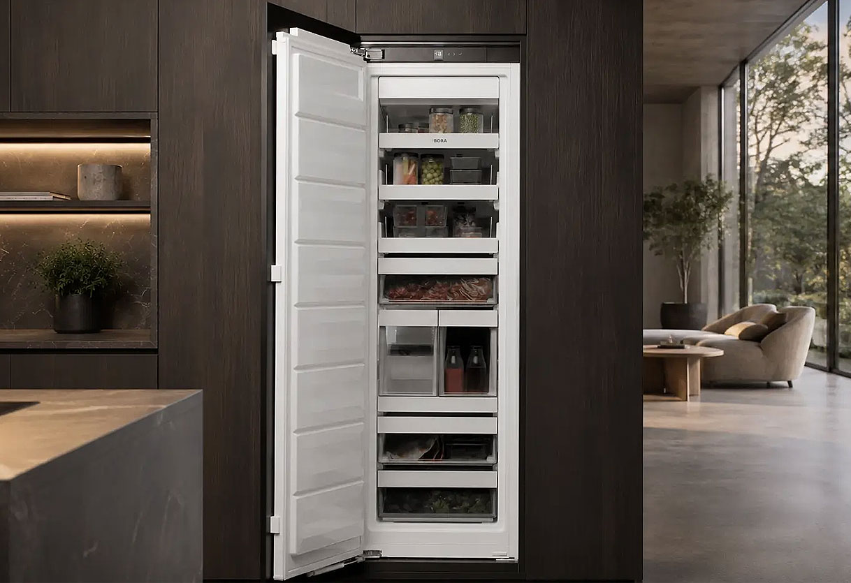 Geopende BORA Freeze F178GW inbouwvriezer met meerdere vriesladen, geïntegreerd in een hoge donkerhouten keukenkast in een moderne keuken.