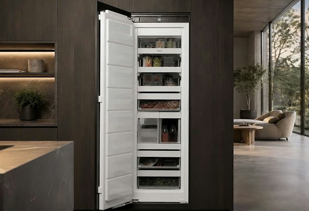 Geopende BORA Freeze F178GW inbouwvriezer met meerdere vriesladen, geïntegreerd in een hoge donkerhouten keukenkast in een moderne keuken.