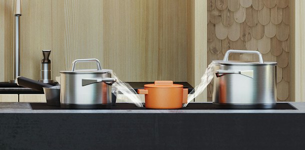 BORA kookveldafzuigsysteem zuigt de stoom van drie pannen naar beneden in de afzuigopening in het kookveld