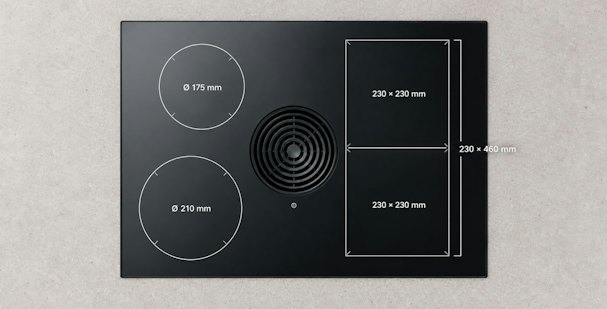 BORA M Pure kookplaat met twee ronde zone inductiezones links en twee vierkante oppervlakte inductiezones rechts met afmetingen