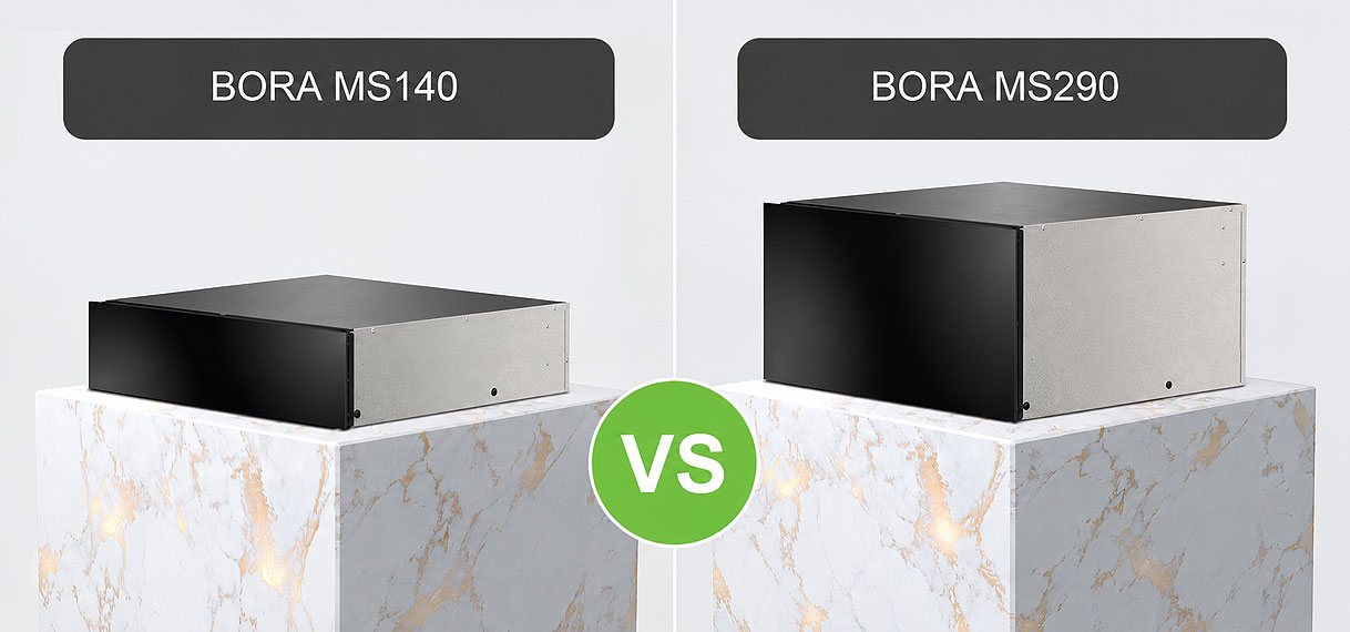 BORA MS140 en MS290 warmhoudlades naast elkaar zonder keukenfront, met een hoogte van respectievelijk 140 en 290 mm.