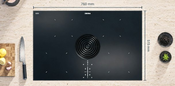 BORA Pure kookplaat van bovenaf met afmetingen van 760 bij 515 mm en vier kookzones