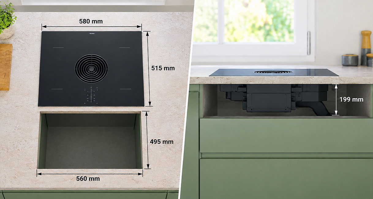 BORA S Pure kookplaat met afmetingen van 580 bij 515 mm naast inbouwhoogte van 199 mm in keukenkast
