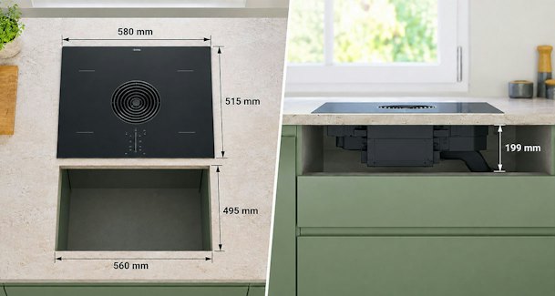 BORA S Pure kookplaat met afmetingen van 580 bij 515 mm naast inbouwhoogte van 199 mm in keukenkast