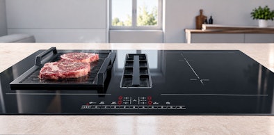 Grillplaat met vlees op de gekoppelde CombiZone van een Bosch kookplaat met afzuiging