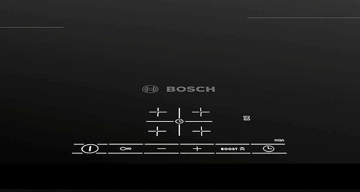 Druktoetsen met plus en min op het glas van een Bosch kookplaat
