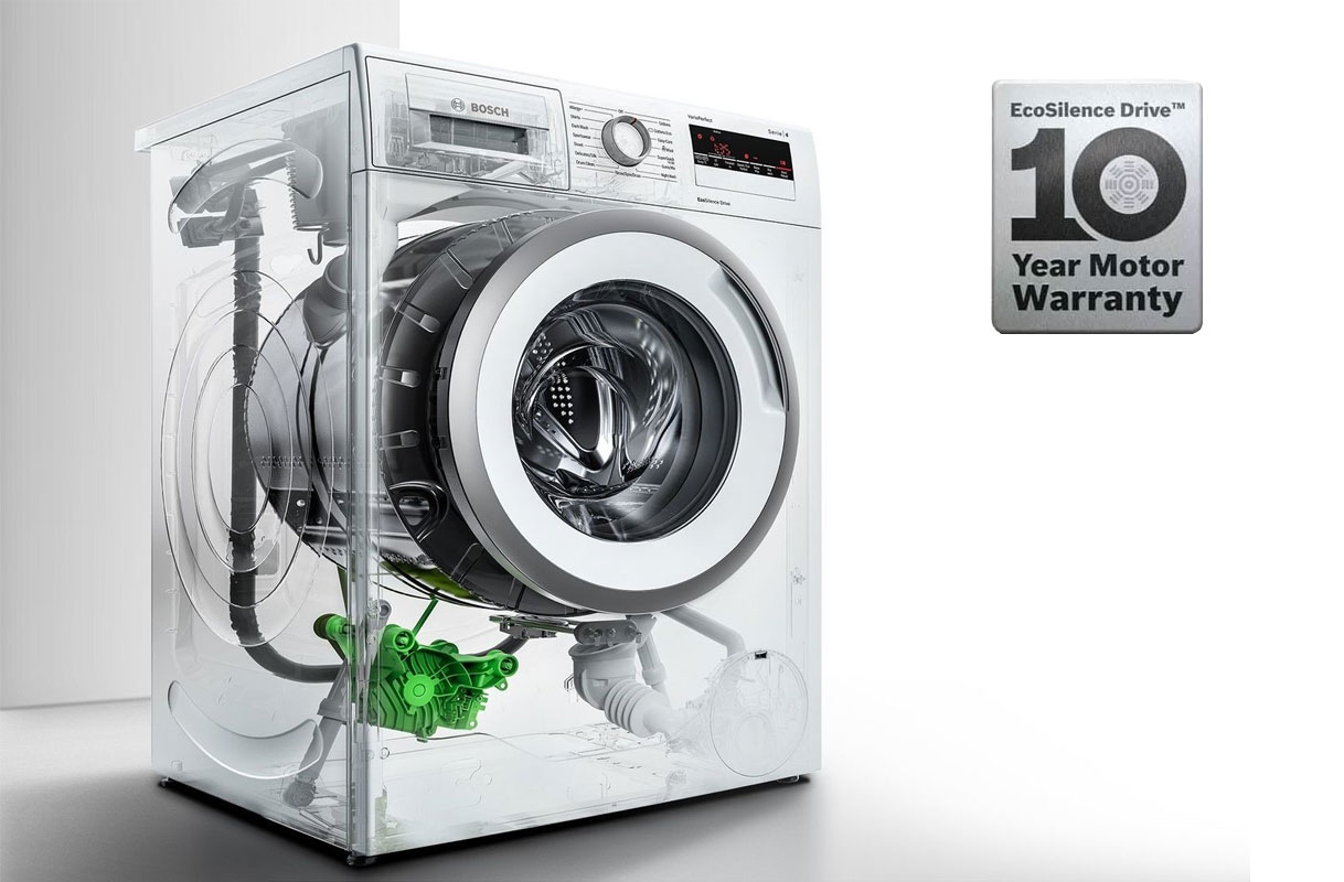 Bosch wasmachine met transparante behuizing en zichtbare EcoSilence Drive motor