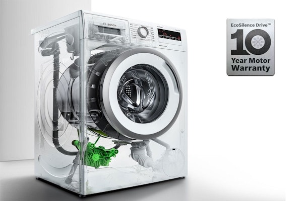 Bosch wasmachine met transparante behuizing en zichtbare EcoSilence Drive motor