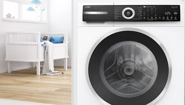 Bosch wasmachine in moderne babykamer met stille EcoSilence Drive motor