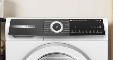 Bosch EXCLUSIV droger bedieningspaneel met chrome details en Iron Assist voor delicate en zware droogprogramma's