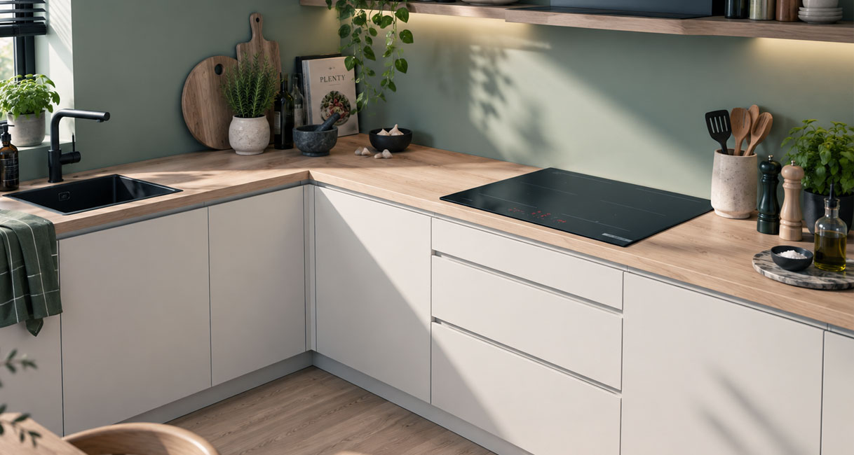 Bosch inductie kookplaat uit de Serie 8 in een houten werkblad naast de spoelbak