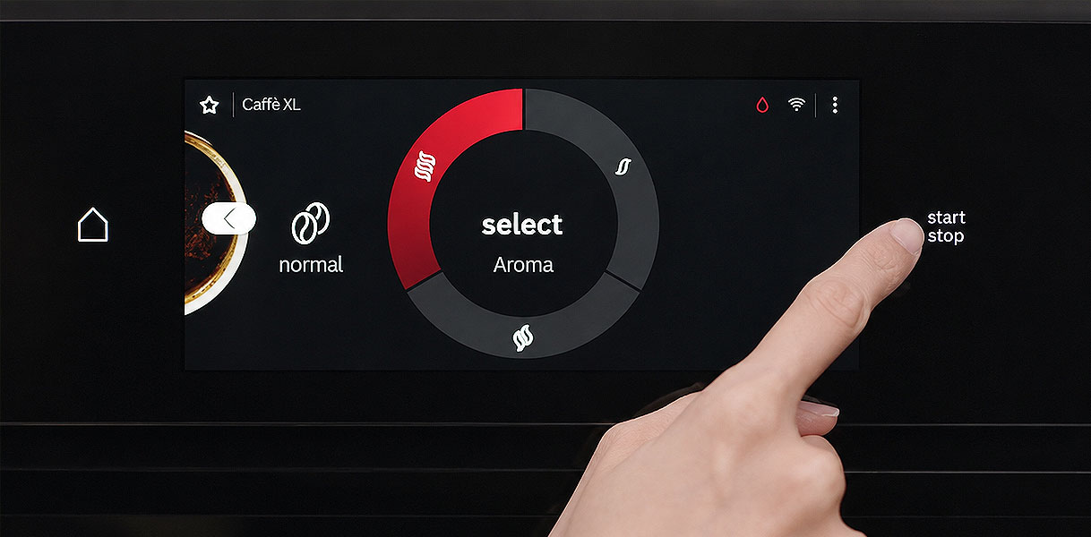 Vinger bedient het Aroma Select keuzemenu op het touchscreen van een Bosch koffie volautomaat