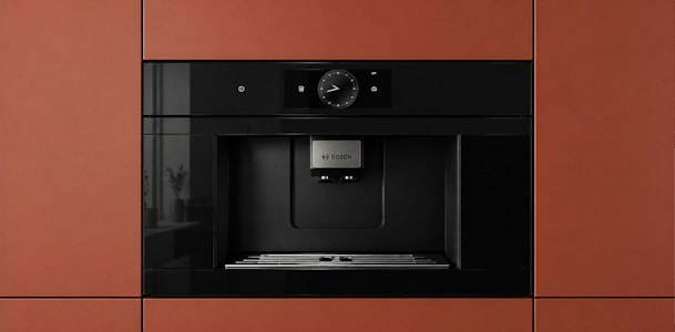Bosch koffiemachine CTL9181B0 met glanzend zwart glasfront ingebouwd in een keukenwand