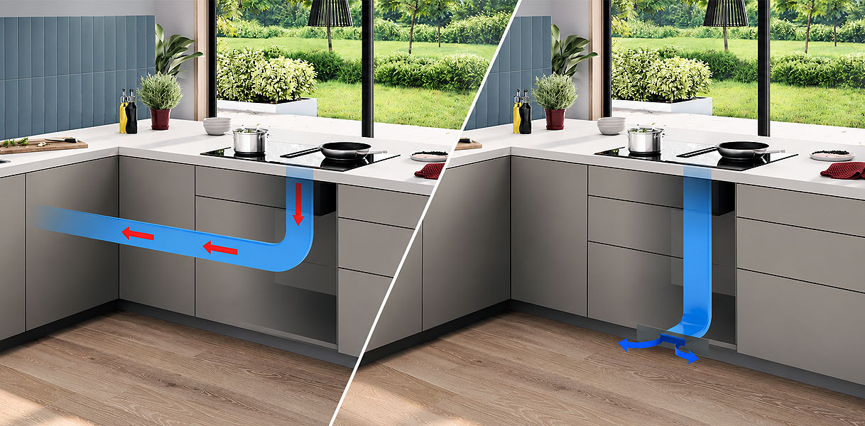 Doorsnede toont recirculatie en luchtafvoer bij een Bosch kookplaat met afzuiging