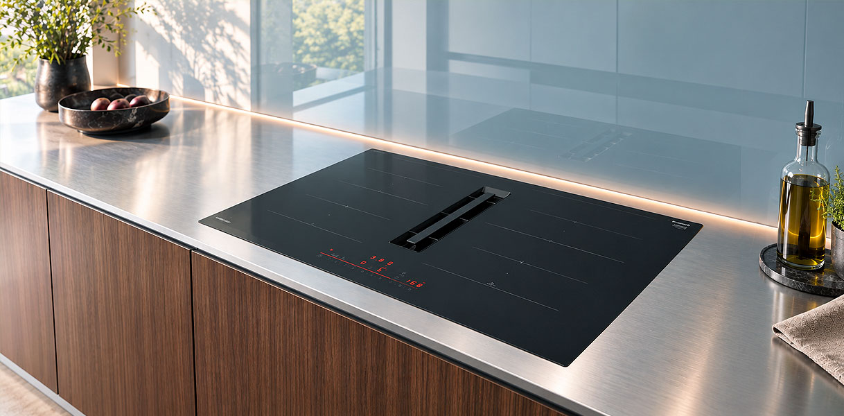 Bosch kookplaat met afzuiging uit de Serie 6 met DirectSelect bediening in een houten werkblad