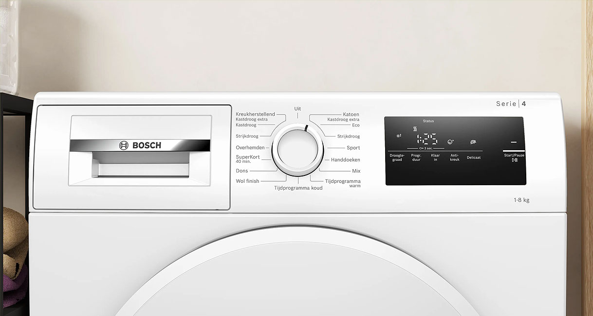 Bosch Serie 4 droger bedieningspaneel met programmaknop en AutoDry sensoren voor 8 kg
