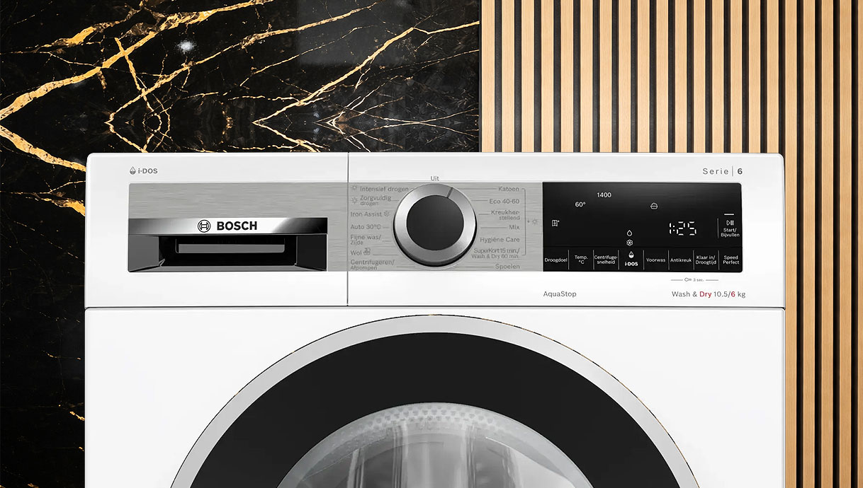 Bosch Serie 6 wasmachine met modern bedieningspaneel en strak frontdesign