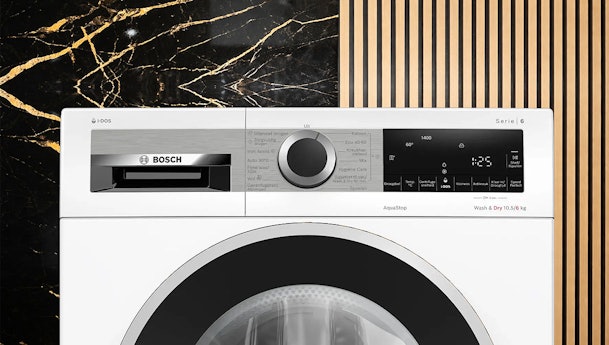 Bosch Serie 6 wasmachine met modern bedieningspaneel en strak frontdesign