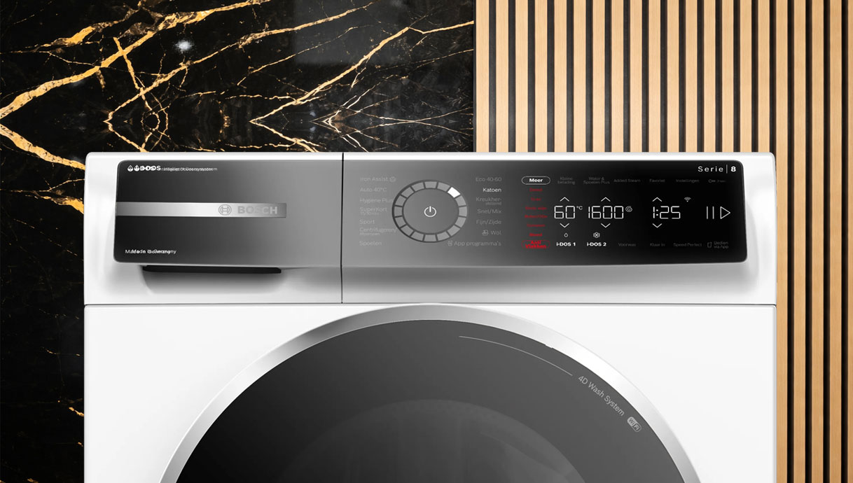 Bosch Serie 8 wasmachine met luxe bedieningspaneel en hoogwaardig frontdesign