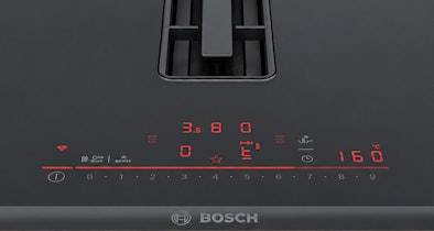 Slidecontrol met veegbalk en standen op het glas van een Bosch kookplaat