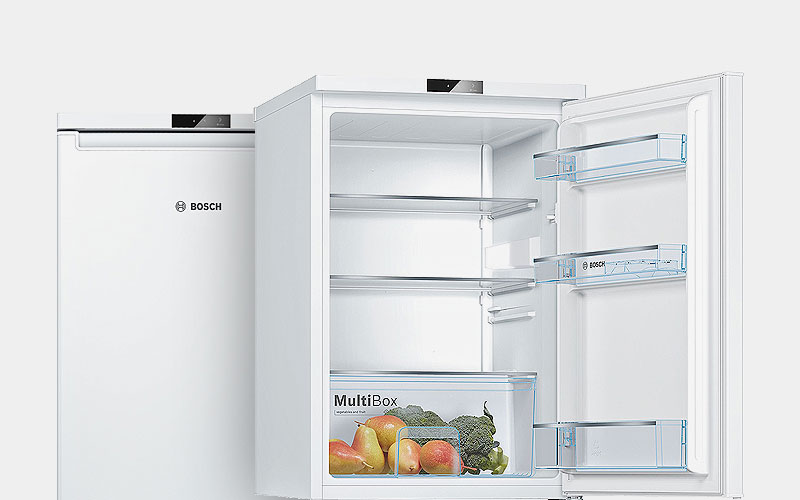 Bosch tafelmodel koelkast met MultiBox lade en glazen plateaus, compacte en energiezuinige koelkast zonder vriesvak.