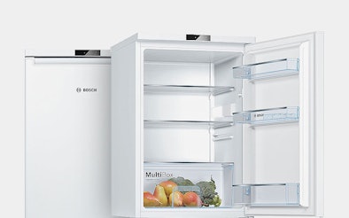 Bosch tafelmodel koelkast met MultiBox lade en glazen plateaus, compacte en energiezuinige koelkast zonder vriesvak.