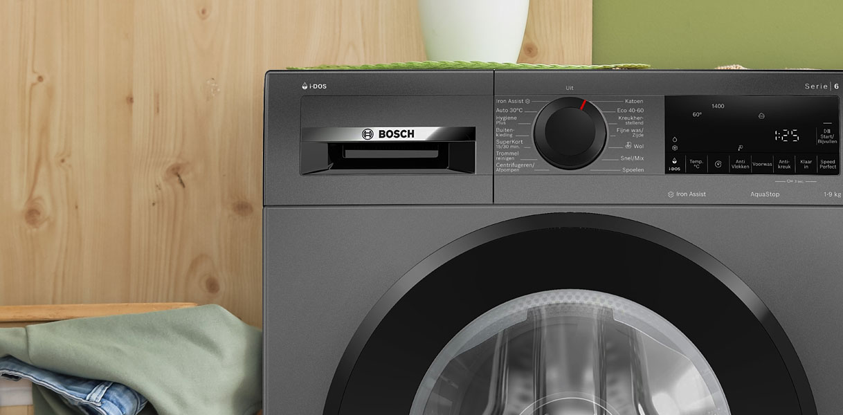 Bosch Serie 6 zwarte wasmachine met i-DOS, SpeedPerfect en ActiveWater Plus technologie.