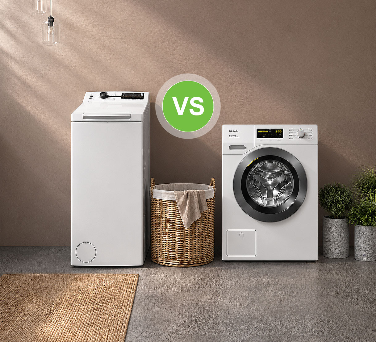 Smalle bovenlader wasmachine naast bredere voorlader met wasmand ertussen ter vergelijking