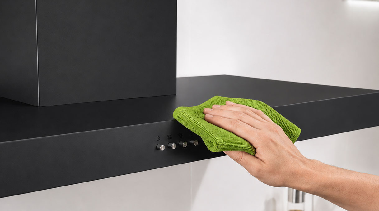 Hand veegt de buitenkant en de knoppen van de afzuigkap af met microvezeldoek
