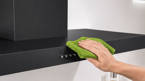 Hand veegt de buitenkant en de knoppen van de afzuigkap af met microvezeldoek