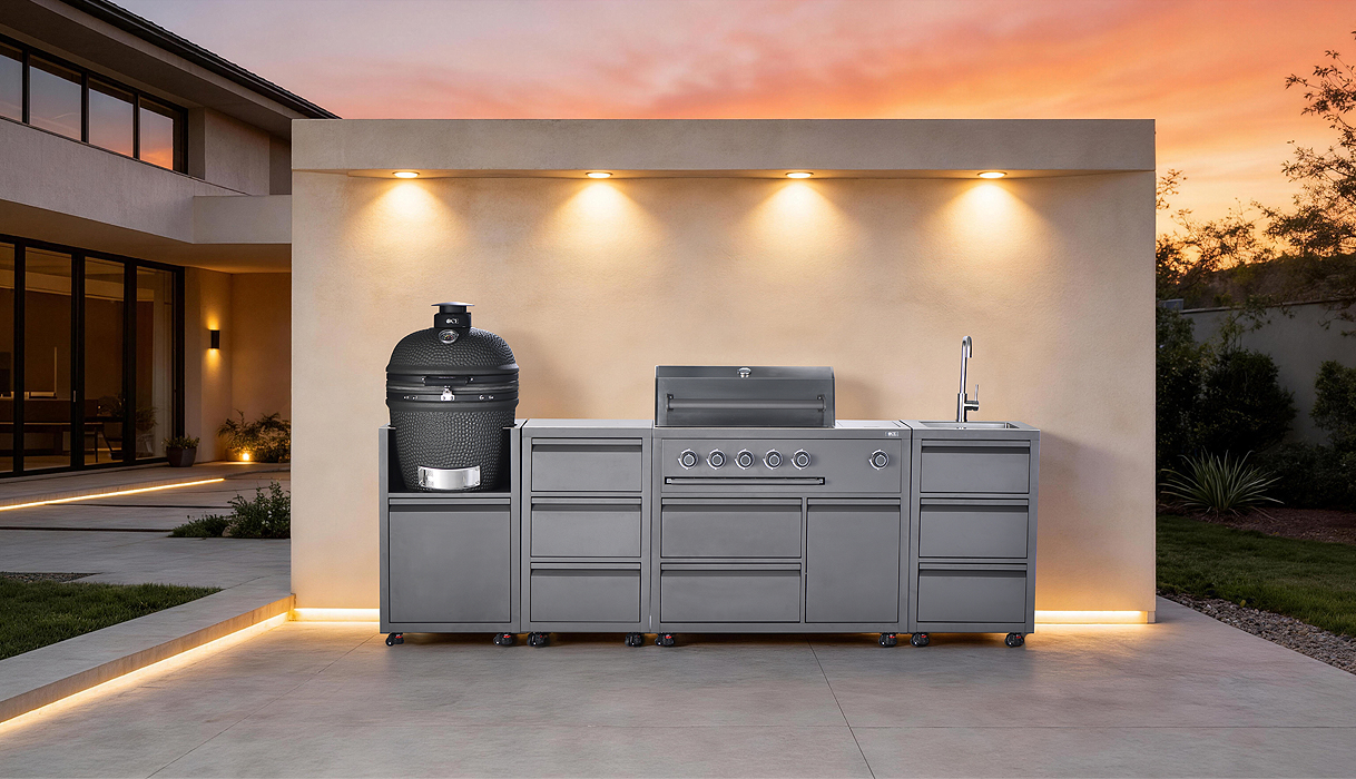 Modulaire antraciet buitenkeuken van Bemmel en Kroon met kamado BBQ, gasbarbecue, spoelbak en opbergruimte op een modern terras.