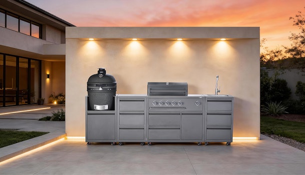 Modulaire antraciet buitenkeuken van Bemmel en Kroon met kamado BBQ, gasbarbecue, spoelbak en opbergruimte op een modern terras.
