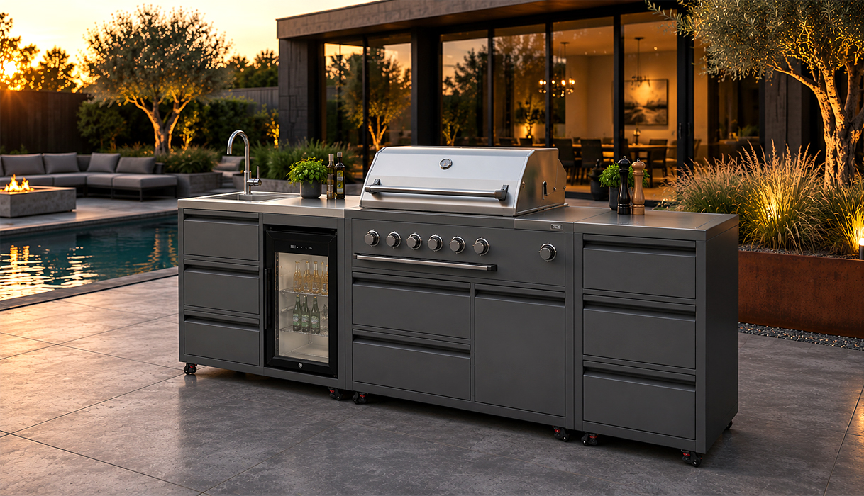 Modulaire buitenkeuken met barbecue, werkblad, koelkast en spoelbak op een luxe terras in een moderne tuin.