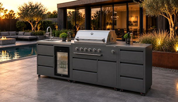 Modulaire buitenkeuken met barbecue, werkblad, koelkast en spoelbak op een luxe terras in een moderne tuin.