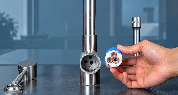 Losse cartouche met keramische schijven die je apart vervangt uit het kraanhuis van keukenkraan