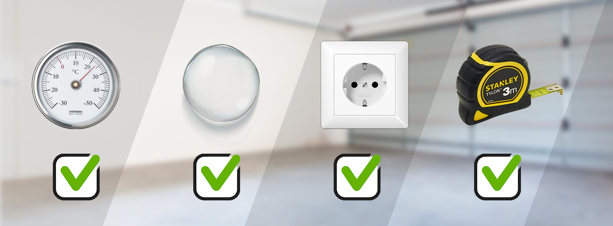 Checklist met thermometer, waterdruppel, geaard stopcontact en meetlint als controlepunten voor plaatsing van een koelkast in de schuur