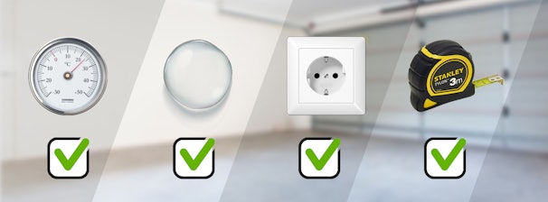 Checklist met thermometer, waterdruppel, geaard stopcontact en meetlint als controlepunten voor plaatsing van een koelkast in de schuur