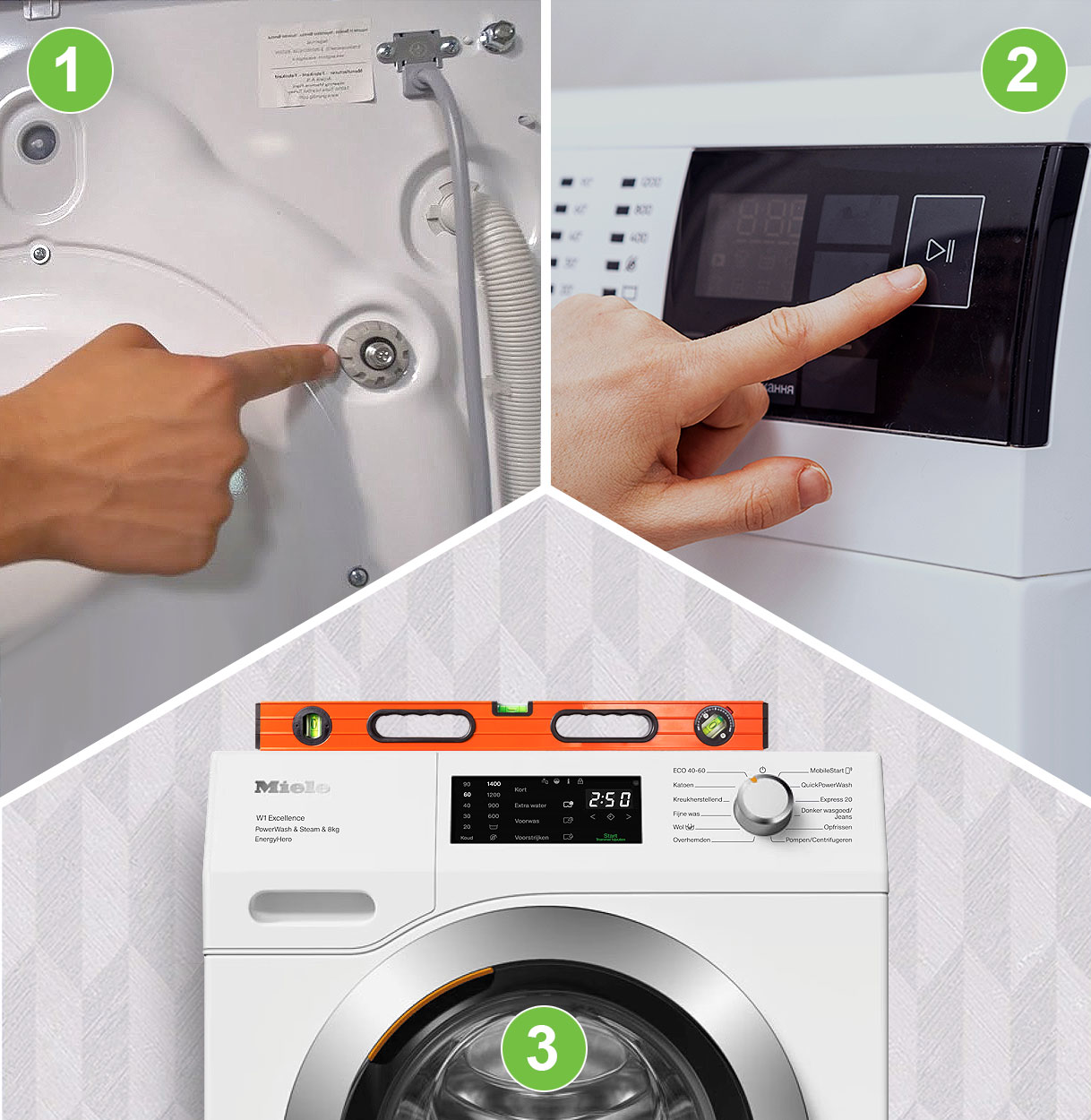 Drie stappen wasmachine installeren: 1 transportbout verwijderen, 2 programma starten, 3 waterpas controleren